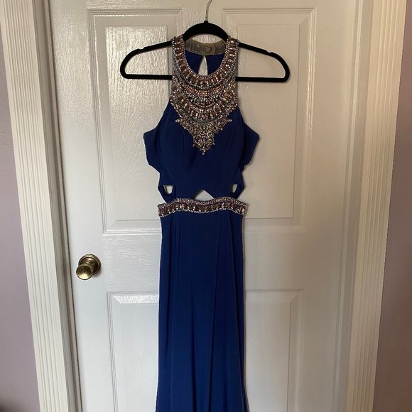 2 Cute Dresses & Skirts - Blue High Neck Prom Dress w/ Beading